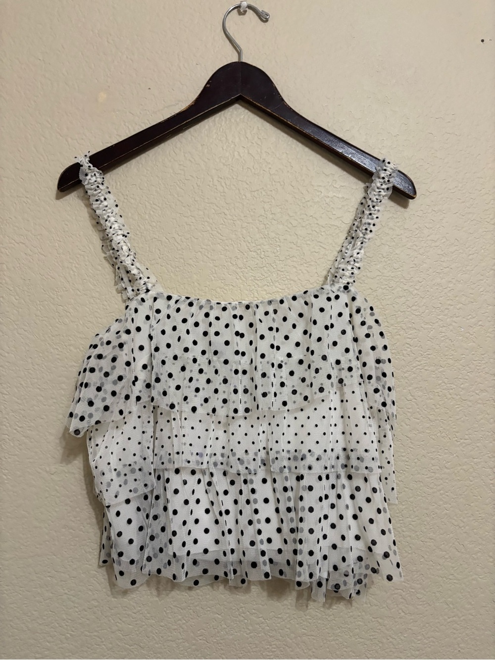 American Eagle Outfitters White and Black Polka Dot Ruffle Camisole